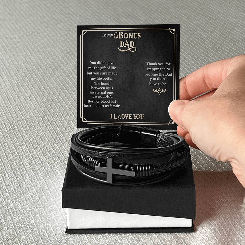 To My Bonus Dad Men's Cross Bracelet - Vegan Leather with Stainless Steel-Express Your Love Gifts