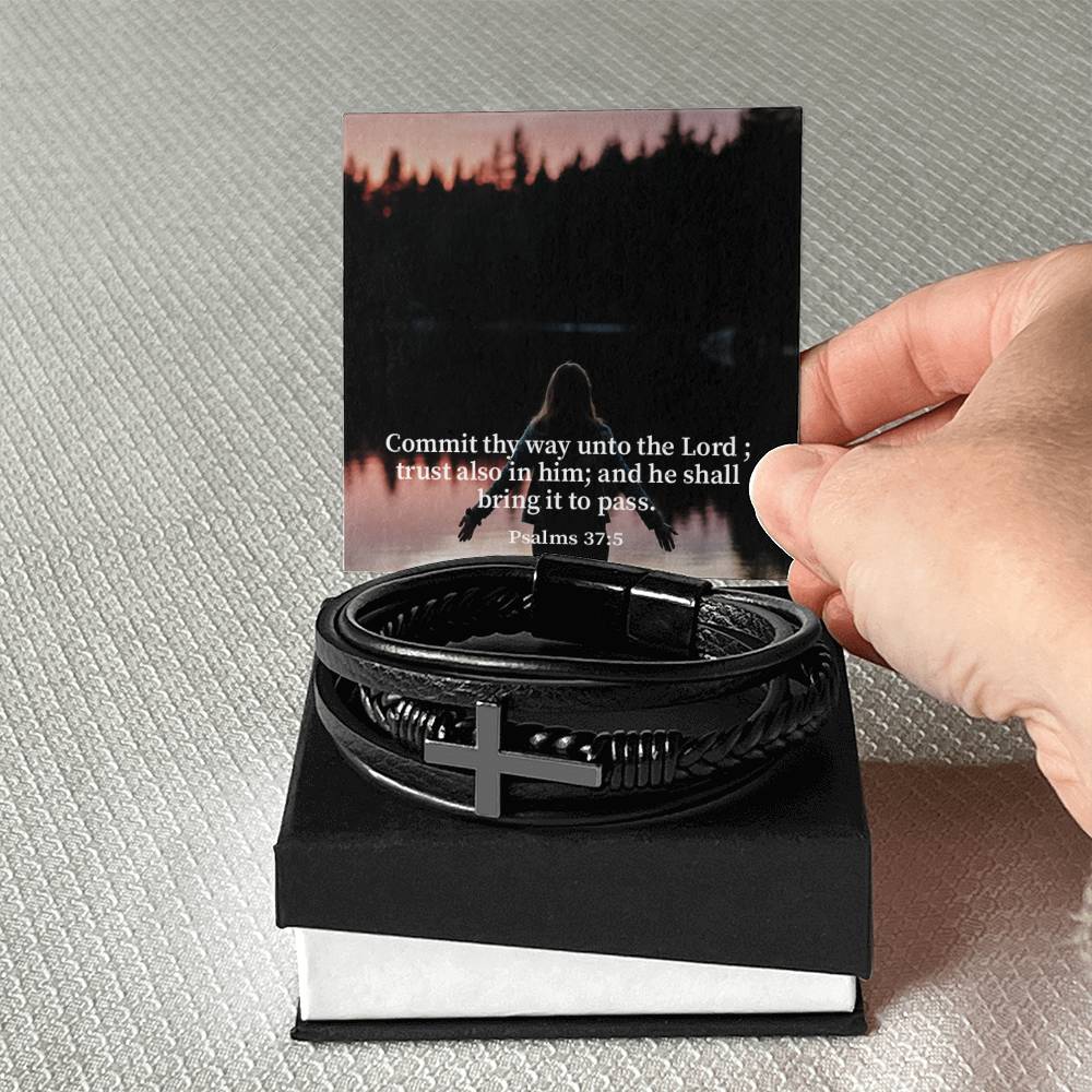 Commit Psalm 37:5 Men's Stainless Steel & Vegan Leather Cross Bracelet - Vegan Leather with Stainless Steel-Express Your Love Gifts