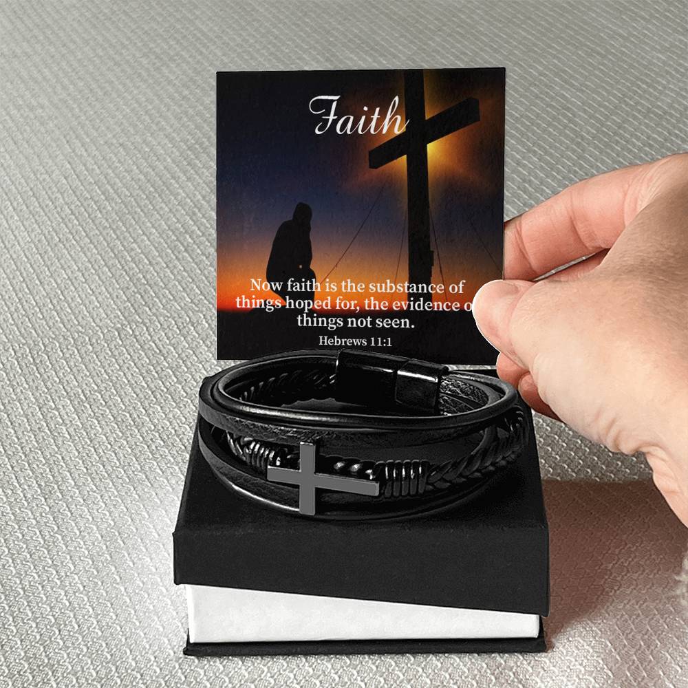 Faith Hebrews 11:1 Men's Stainless Steel & Vegan Leather Cross Bracelet - Vegan Leather with Stainless Steel-Express Your Love Gifts
