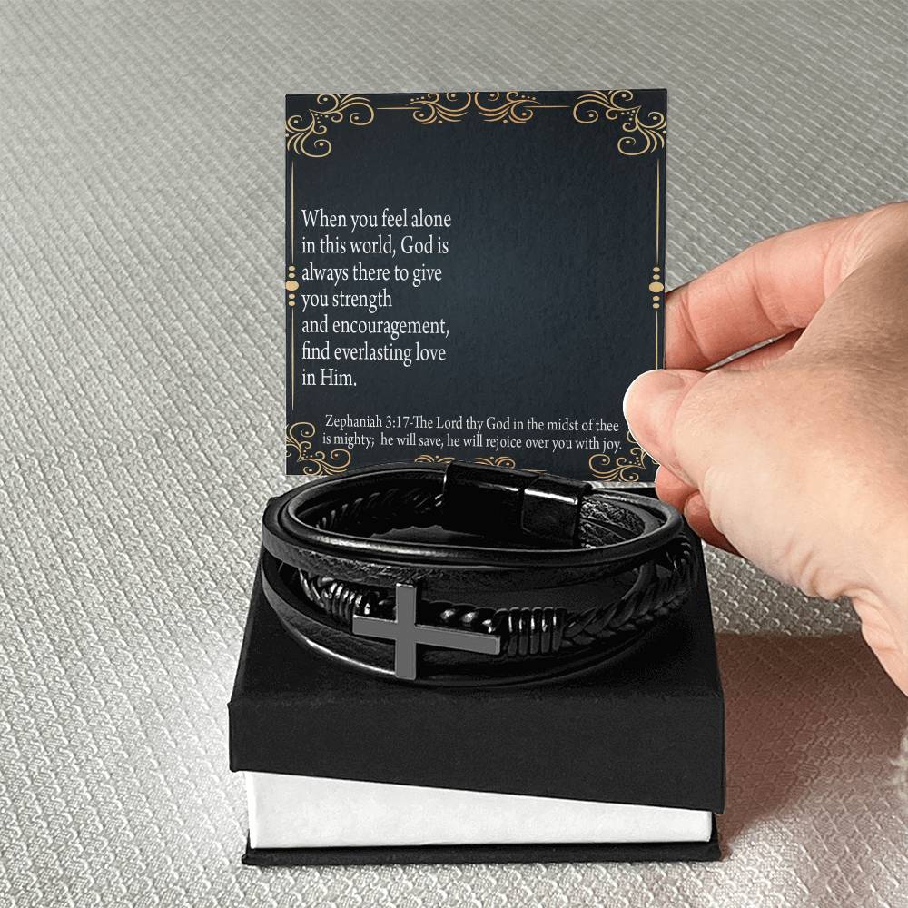 Care & Concern Zephaniah 3:17 Men's Stainless Steel & Vegan Leather Cross Bracelet - Vegan Leather with Stainless Steel-Express Your Love Gifts