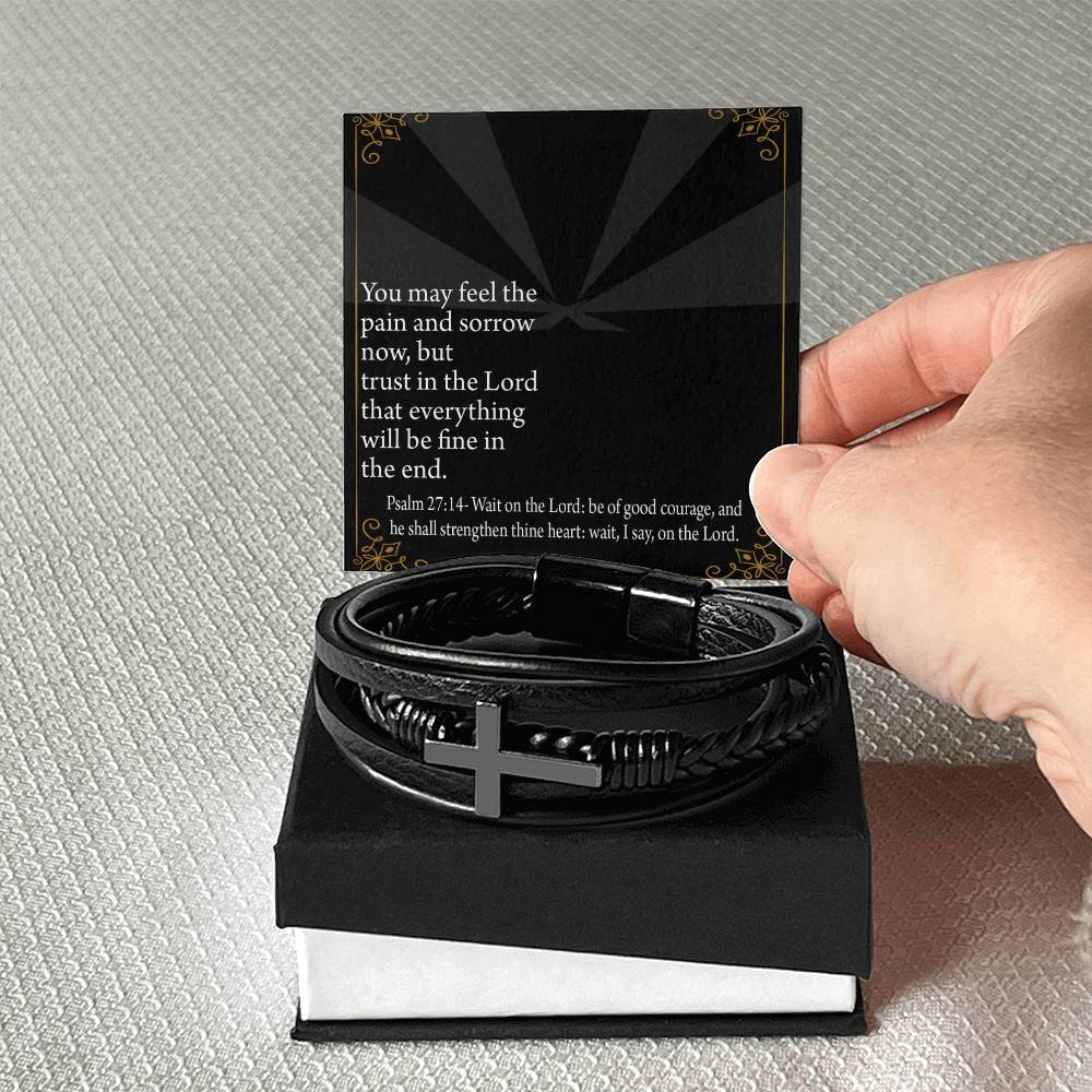 God's Strength Psalm 27:14 Men's Stainless Steel & Vegan Leather Cross Bracelet - Vegan Leather with Stainless Steel-Express Your Love Gifts