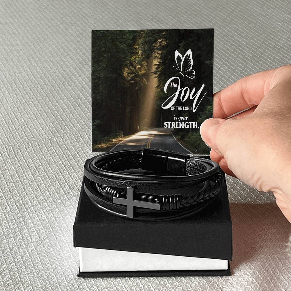 The Joy of The Lord is Your Strength Men's Stainless Steel & Vegan Leather Cross Bracelet - Vegan Leather with Stainless Steel-Express Your Love Gifts