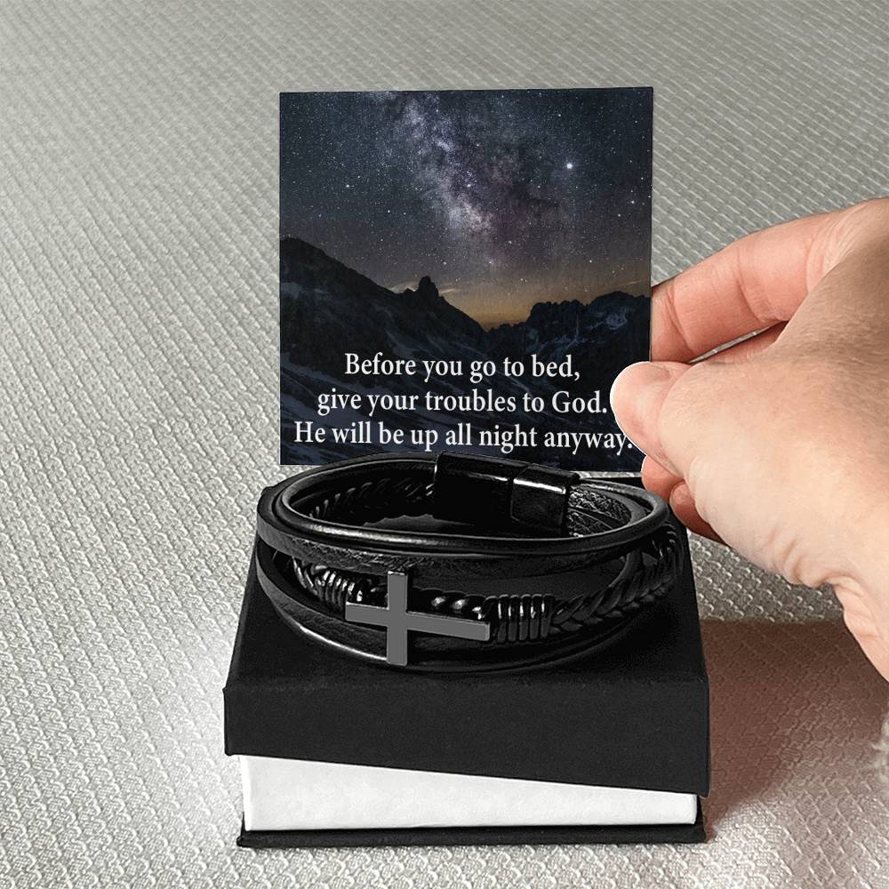 Give Your Trouble to God Men's Stainless Steel & Vegan Leather Cross Bracelet - Vegan Leather with Stainless Steel-Express Your Love Gifts