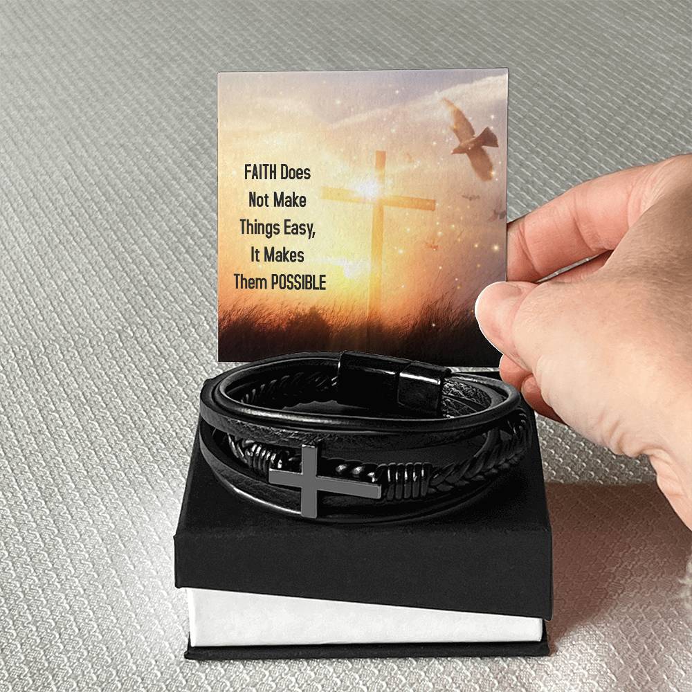 Faith Does Not Make Things Easy Luke 1:37 Men's Stainless Steel & Vegan Leather Cross Bracelet - Vegan Leather with Stainless Steel-Express Your Love Gifts