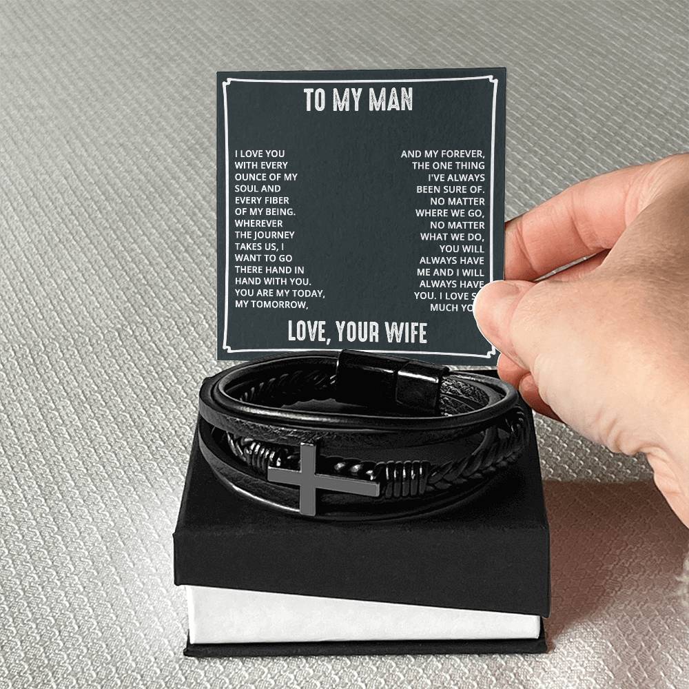 To My Man I Love You With Every Ounce Men's Cross Bracelet - Vegan Leather with Stainless Steel-Express Your Love Gifts