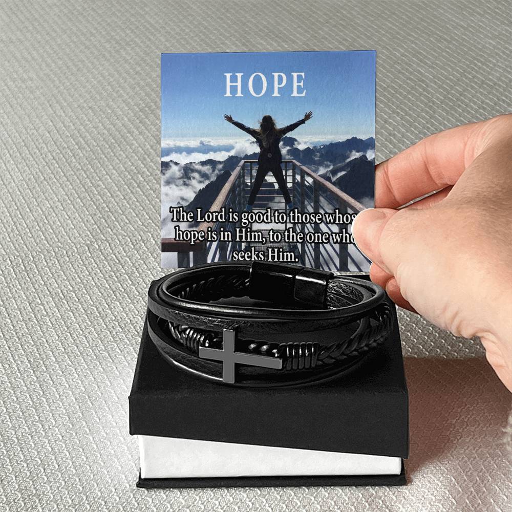 Hope is in Him Men's Stainless Steel & Vegan Leather Cross Bracelet - Vegan Leather with Stainless Steel-Express Your Love Gifts