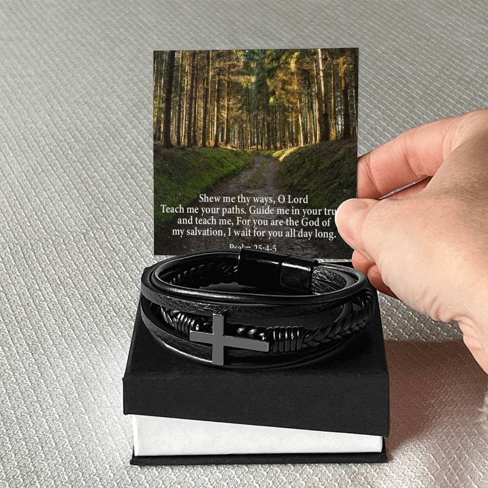 Guide & Teach Me lord in Psalm 25:4‭-‬5 Men's Stainless Steel & Vegan Leather Cross Bracelet - Vegan Leather with Stainless Steel-Express Your Love Gifts