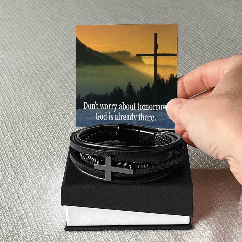 Don’t Worry About Tomorrow Men's Stainless Steel & Vegan Leather Cross Bracelet - Vegan Leather with Stainless Steel-Express Your Love Gifts