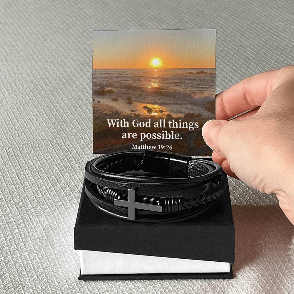 With God All Things are Possible Matthew 19:26 Men's Stainless Steel & Vegan Leather Cross Bracelet - Vegan Leather with Stainless Steel-Express Your Love Gifts
