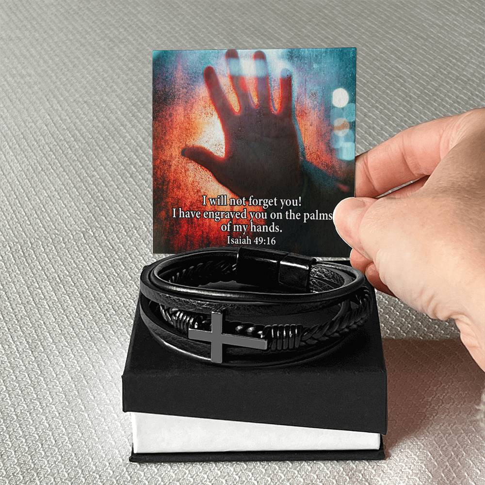 I Will Not Forget You Isaiah 49:16 Men's Stainless Steel & Vegan Leather Cross Bracelet - Vegan Leather with Stainless Steel-Express Your Love Gifts