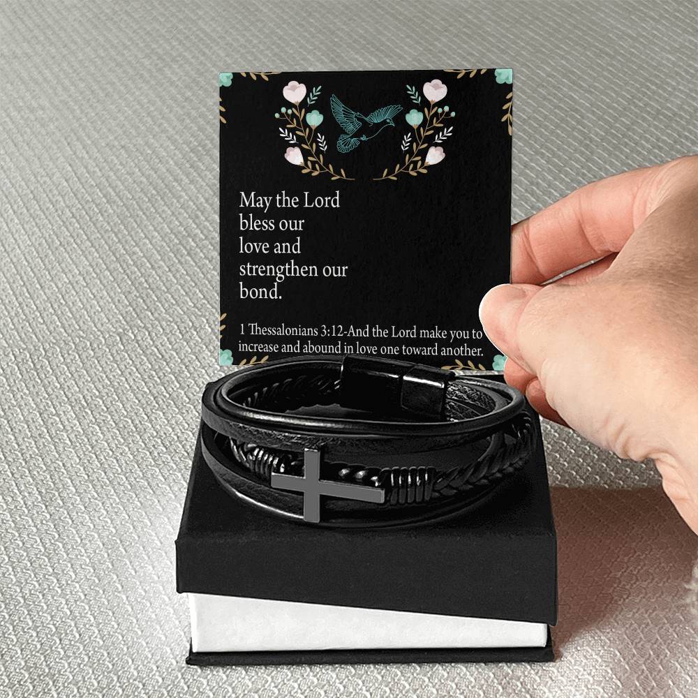 Lord Bless Our Love 1 Thessalonians 3:12 Men's Stainless Steel & Vegan Leather Cross Bracelet - Vegan Leather with Stainless Steel-Express Your Love Gifts
