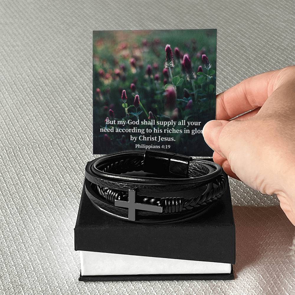 God Supply All Your Need Philippians 4:19 Men's Stainless Steel & Vegan Leather Cross Bracelet - Vegan Leather with Stainless Steel-Express Your Love Gifts