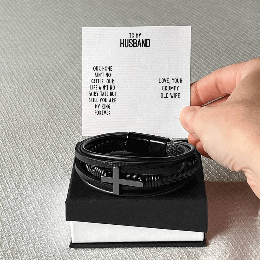 To My Husband Our Home Ain't No Castle Men's Cross Bracelet - Vegan Leather with Stainless Steel-Express Your Love Gifts