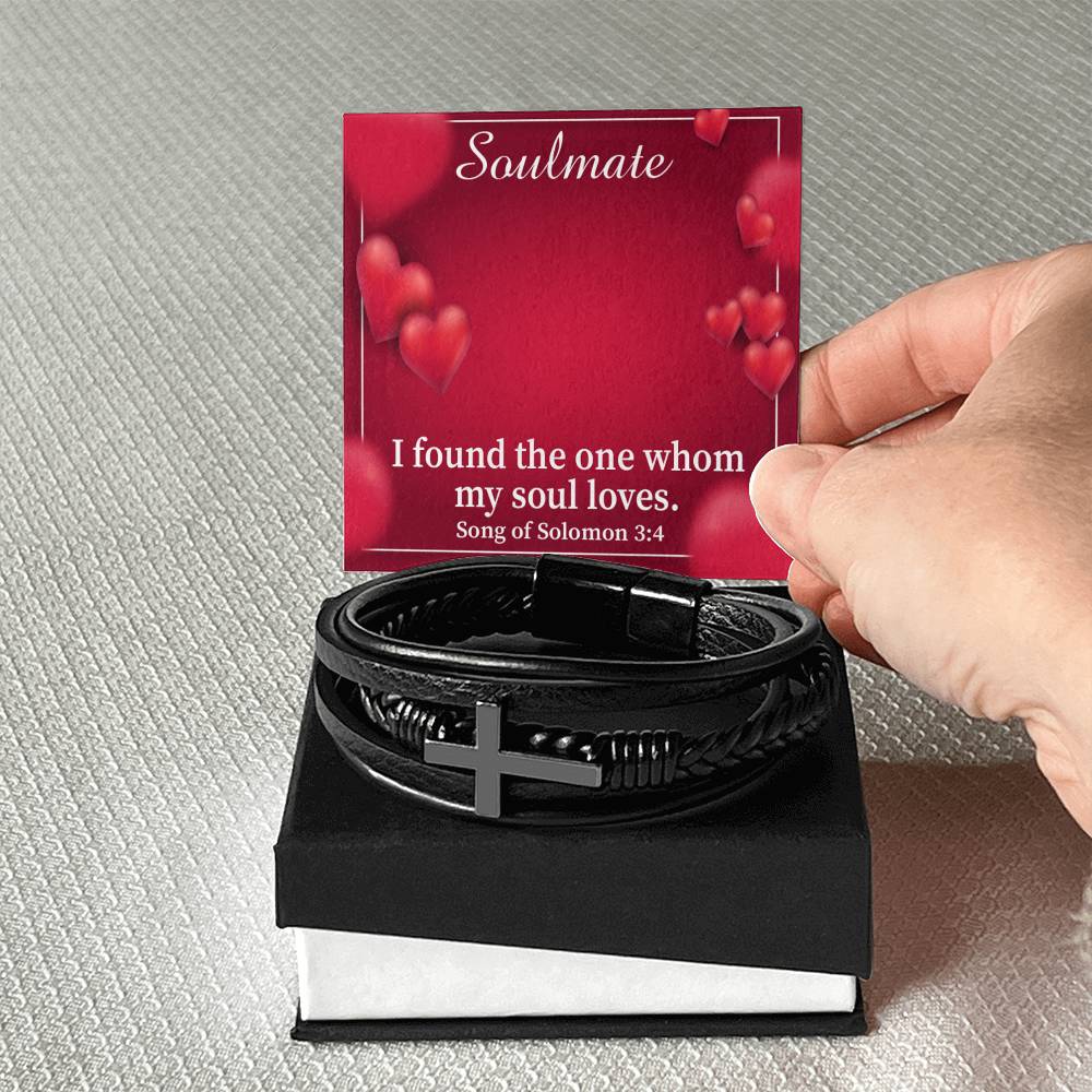 My Soul Loves Song of Solomon 3:4 Men's Stainless Steel & Vegan Leather Cross Bracelet - Vegan Leather with Stainless Steel-Express Your Love Gifts