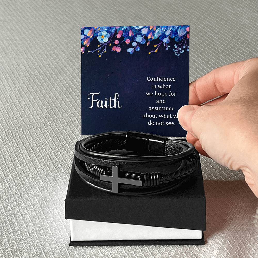Faith (noun) Hebrews 11:1 Men's Stainless Steel & Vegan Leather Cross Bracelet - Vegan Leather with Stainless Steel-Express Your Love Gifts