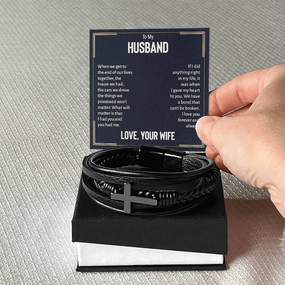 To My Husband When We Get to the End of Our Lives Men's Cross Bracelet - Vegan Leather with Stainless Steel-Express Your Love Gifts