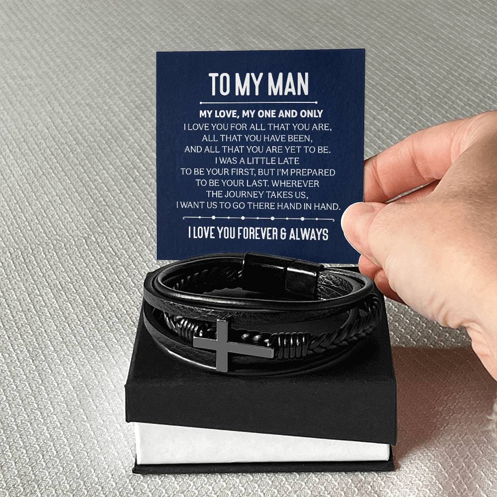 To My Man My Love My One and Only Men's Cross Bracelet - Vegan Leather with Stainless Steel-Express Your Love Gifts