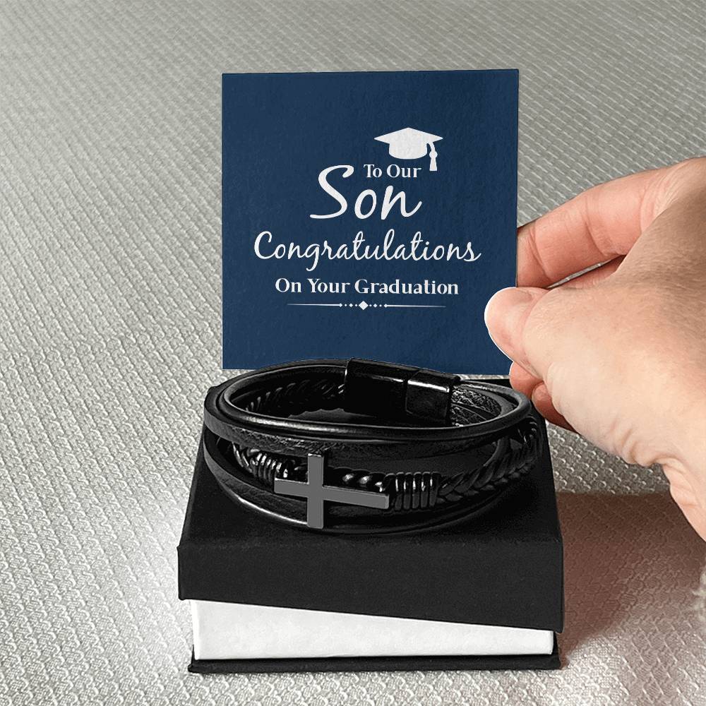 To Our Son Congratulations on Your Graduation Men's Cross Bracelet - Vegan Leather with Stainless Steel-Express Your Love Gifts