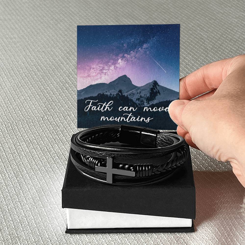 Faith Can Move Mountains Men's Stainless Steel & Vegan Leather Cross Bracelet - Vegan Leather with Stainless Steel-Express Your Love Gifts