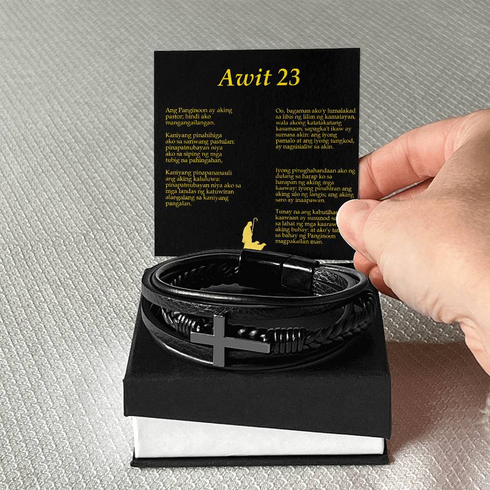 Lord is my Shepherd Tagalog Awit Men's Stainless Steel & Vegan Leather Cross Bracelet - Vegan Leather with Stainless Steel-Express Your Love Gifts