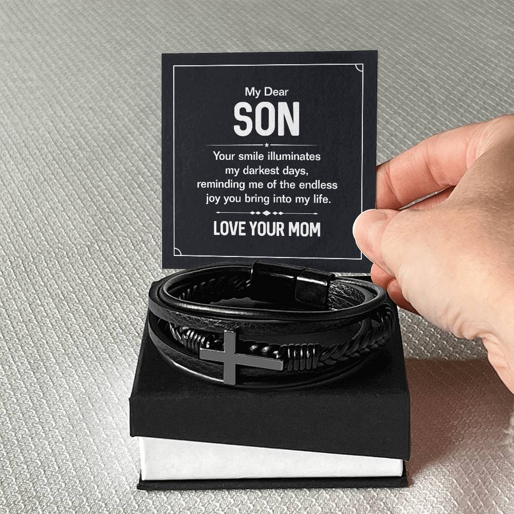 To My Son Your Smile Men's Cross Bracelet - Vegan Leather with Stainless Steel-Express Your Love Gifts