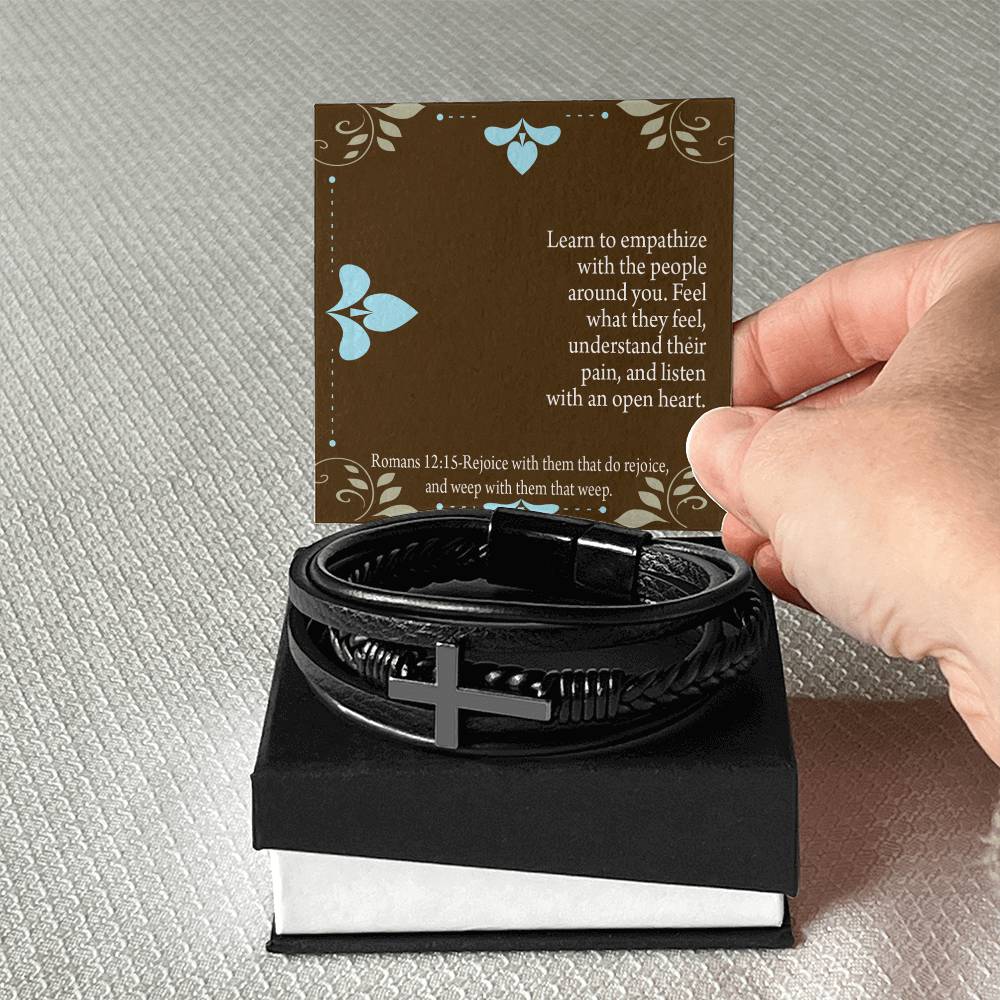 Empathy & Understanding Romans 12:15 Men's Stainless Steel & Vegan Leather Cross Bracelet - Vegan Leather with Stainless Steel-Express Your Love Gifts