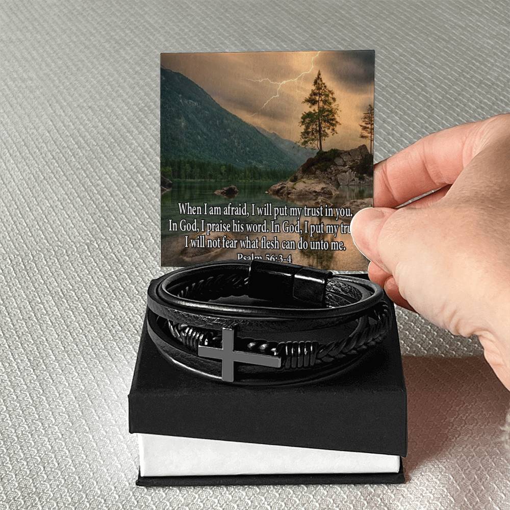 Trust in God Psalm 56:3-4 Men's Stainless Steel & Vegan Leather Cross Bracelet - Vegan Leather with Stainless Steel-Express Your Love Gifts