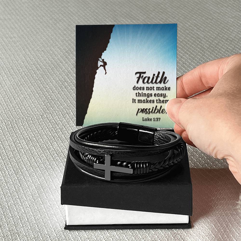 Faith Does Not Make Things Easy Men's Stainless Steel & Vegan Leather Cross Bracelet - Vegan Leather with Stainless Steel-Express Your Love Gifts