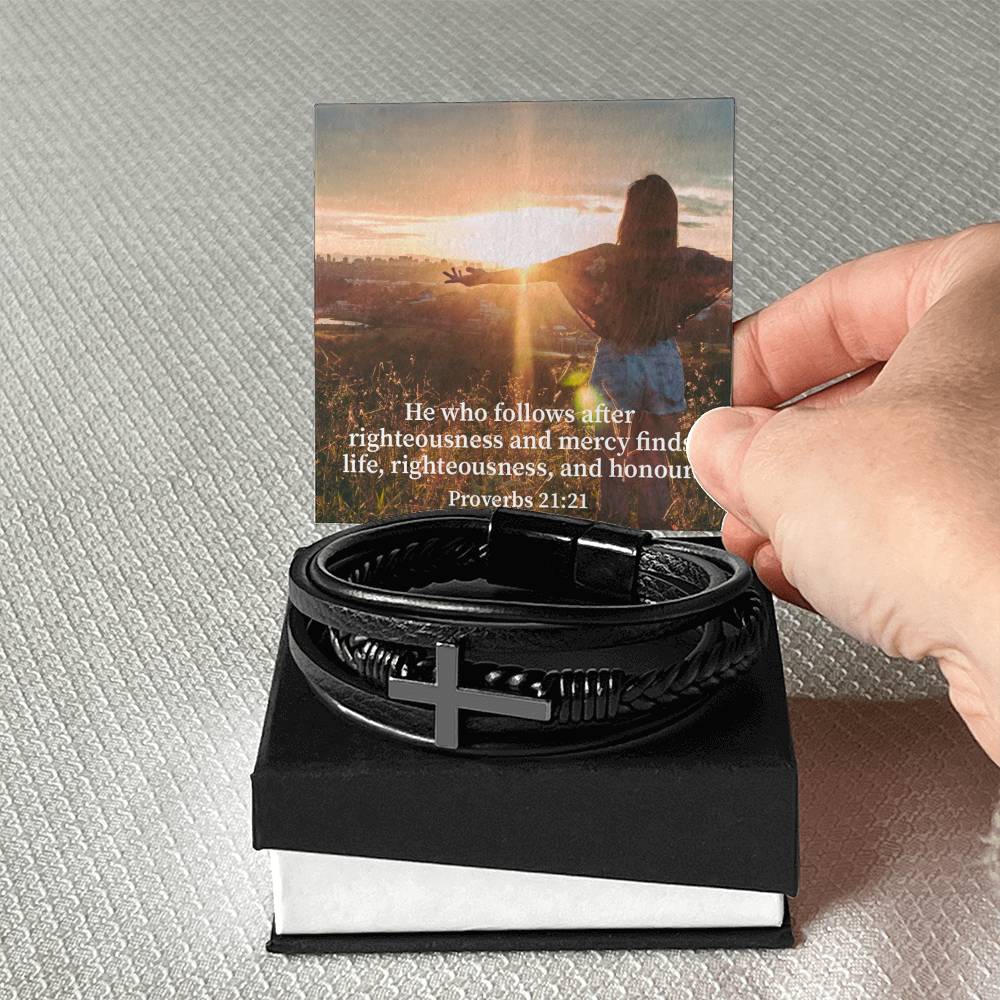 Righteousness and Honour Proverbs 21:21 Men's Stainless Steel & Vegan Leather Cross Bracelet - Vegan Leather with Stainless Steel-Express Your Love Gifts