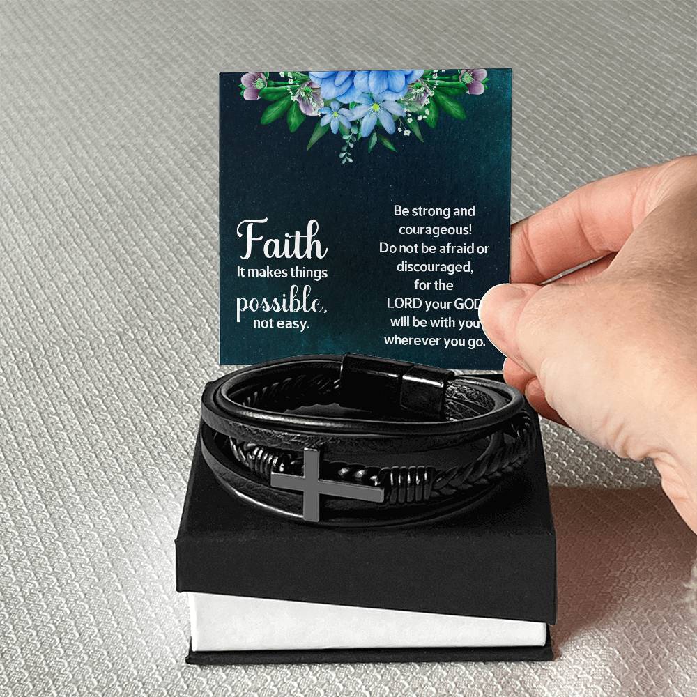 Faith Makes Things Possible Men's Stainless Steel & Vegan Leather Cross Bracelet - Vegan Leather with Stainless Steel-Express Your Love Gifts