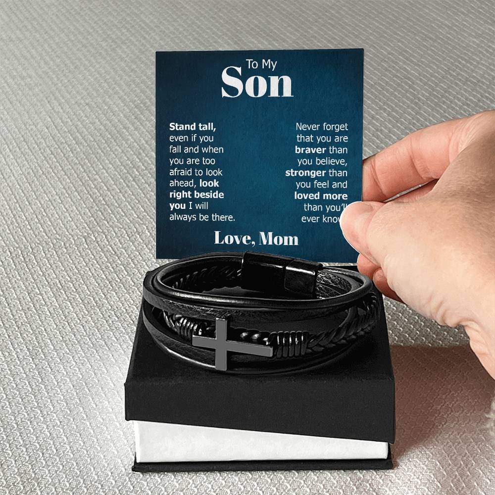 To My Son Stand Tall Even if You Fall Men's Cross Bracelet - Vegan Leather with Stainless Steel-Express Your Love Gifts