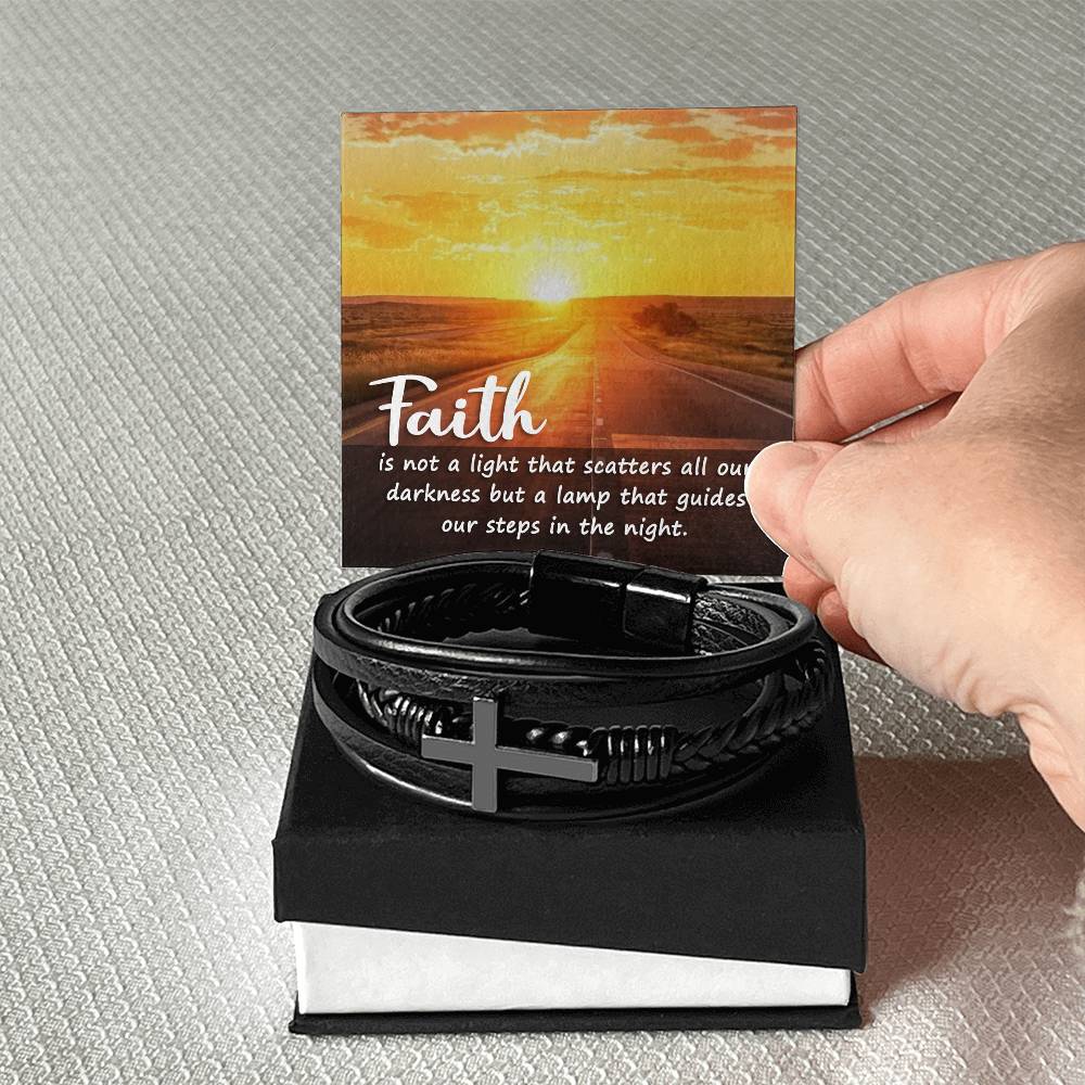 Faith is Not a Light Men's Stainless Steel & Vegan Leather Cross Bracelet - Vegan Leather with Stainless Steel-Express Your Love Gifts