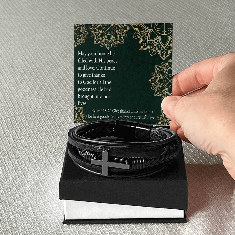 Thanksgiving Psalm 118:29 Men's Stainless Steel & Vegan Leather Cross Bracelet - Vegan Leather with Stainless Steel-Express Your Love Gifts