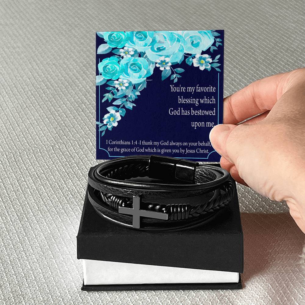 Thinking of You 1 Corinthians 1:4 Men's Stainless Steel & Vegan Leather Cross Bracelet - Vegan Leather with Stainless Steel-Express Your Love Gifts