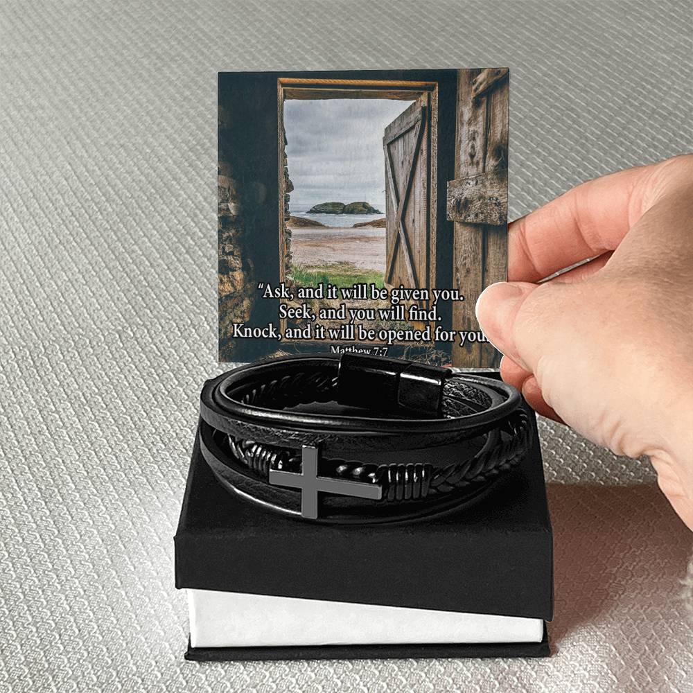 Ask & You Shall Receive Matthew 7:7 Men's Stainless Steel & Vegan Leather Cross Bracelet - Vegan Leather with Stainless Steel-Express Your Love Gifts