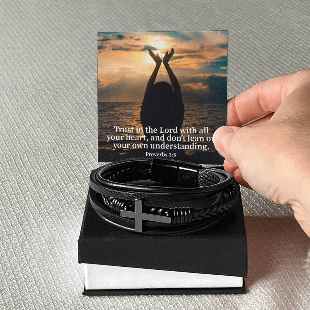 Trust in the Lord Proverbs 3:5 Men's Stainless Steel & Vegan Leather Cross Bracelet - Vegan Leather with Stainless Steel-Express Your Love Gifts