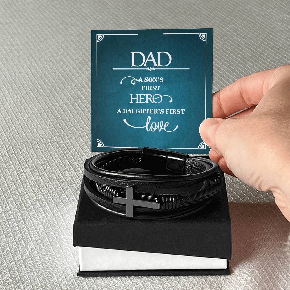 Dad a Sons First Hero Men's Cross Bracelet - Vegan Leather with Stainless Steel-Express Your Love Gifts