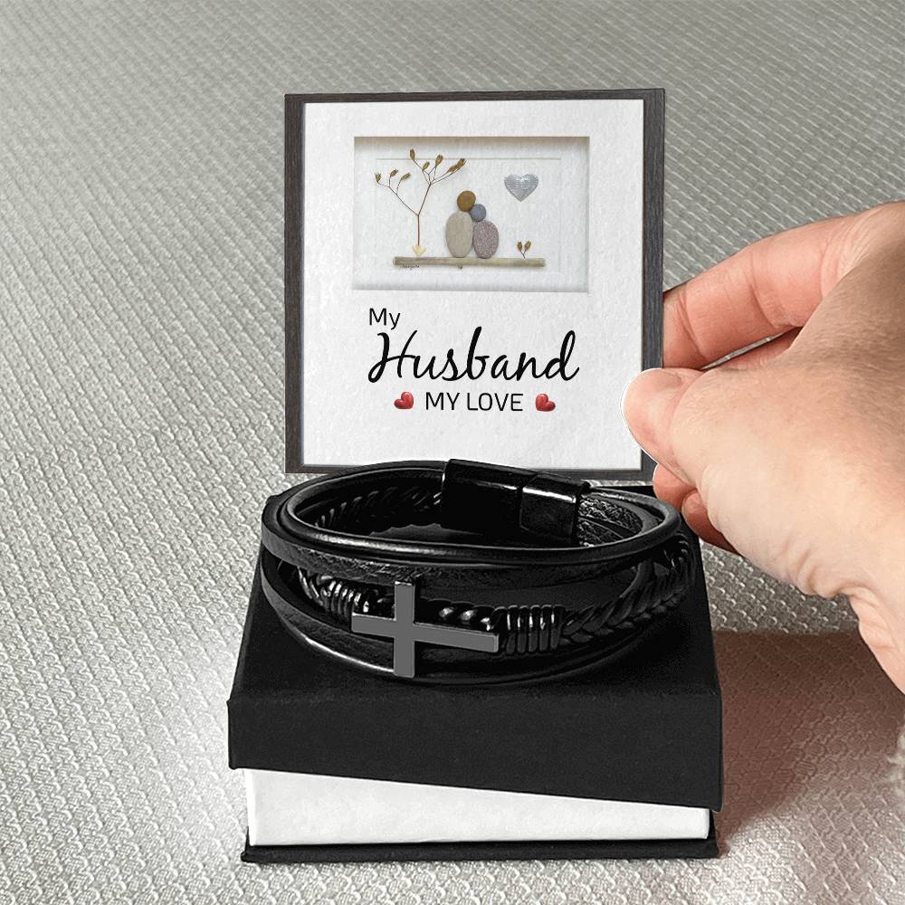 My Husband My Love Men's Cross Bracelet - Vegan Leather with Stainless Steel-Express Your Love Gifts