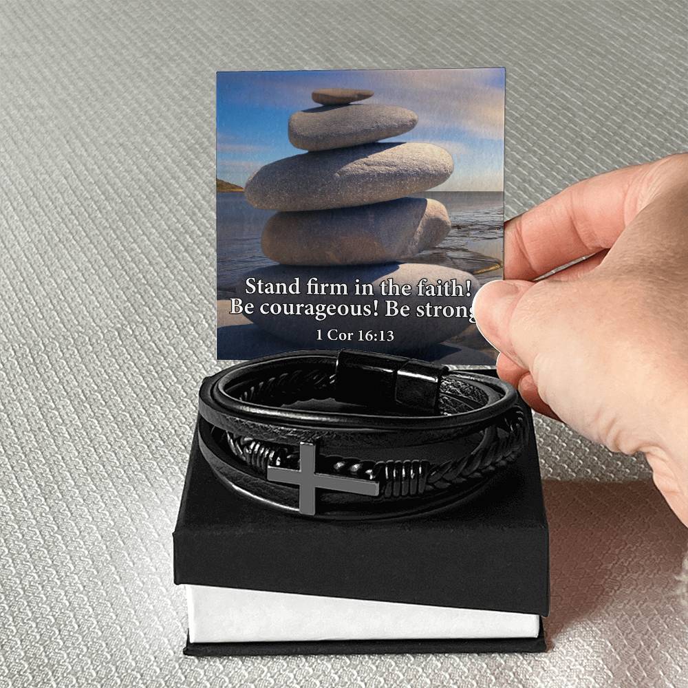 Stand Firm in Faith 1 Corinthians 16:13 Men's Stainless Steel & Vegan Leather Cross Bracelet - Vegan Leather with Stainless Steel-Express Your Love Gifts