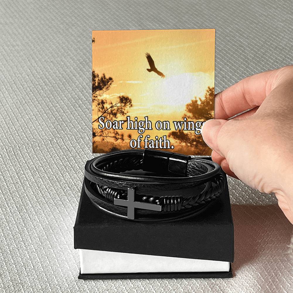 Soar High on Faith Men's Stainless Steel & Vegan Leather Cross Bracelet - Vegan Leather with Stainless Steel-Express Your Love Gifts