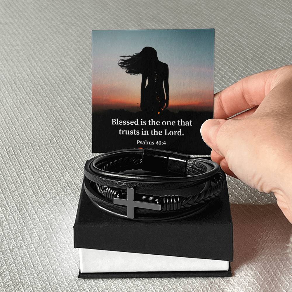 His Trust Psalm 40:4 Men's Stainless Steel & Vegan Leather Cross Bracelet - Vegan Leather with Stainless Steel-Express Your Love Gifts