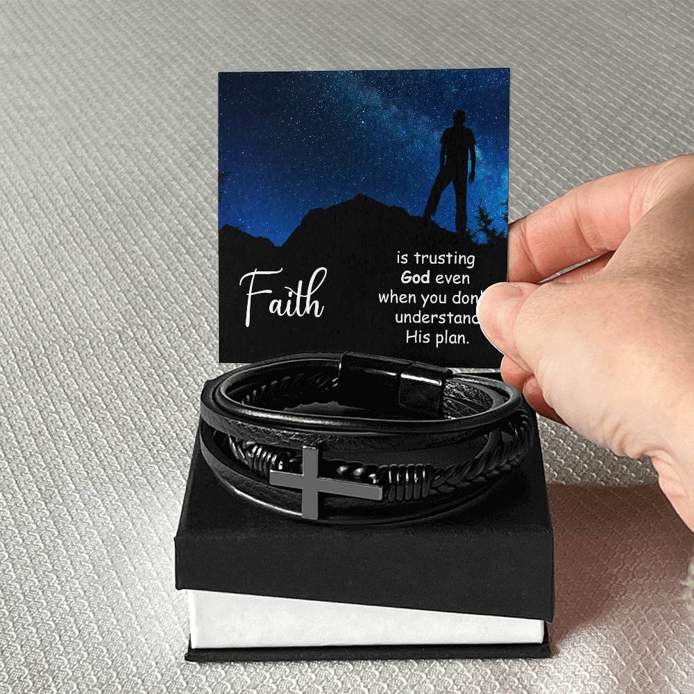 Faith is Trusting God Even When You Don't Men's Stainless Steel & Vegan Leather Cross Bracelet - Vegan Leather with Stainless Steel-Express Your Love Gifts