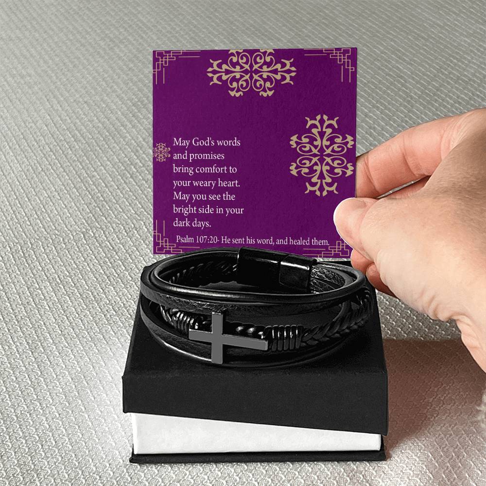 Get Well God's Words & Promises Psalm 107:20 Men's Stainless Steel & Vegan Leather Cross Bracelet - Vegan Leather with Stainless Steel-Express Your Love Gifts