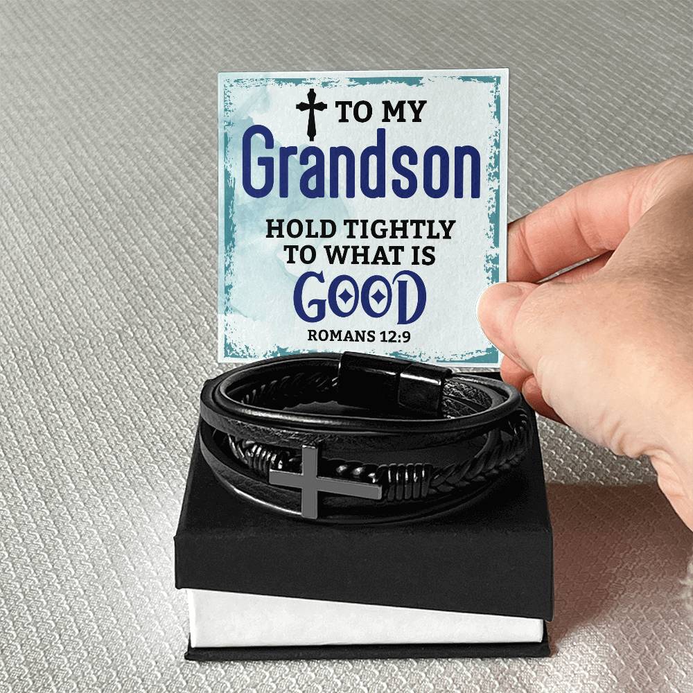 To My Grandson Hold Tightly Men's Cross Bracelet - Vegan Leather with Stainless Steel-Express Your Love Gifts