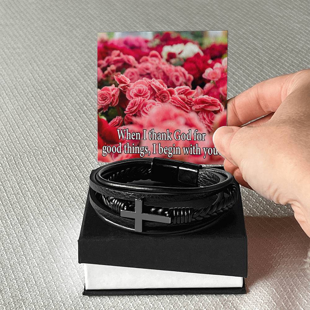 I Thank God Philippians 1:3 Men's Stainless Steel & Vegan Leather Cross Bracelet - Vegan Leather with Stainless Steel-Express Your Love Gifts