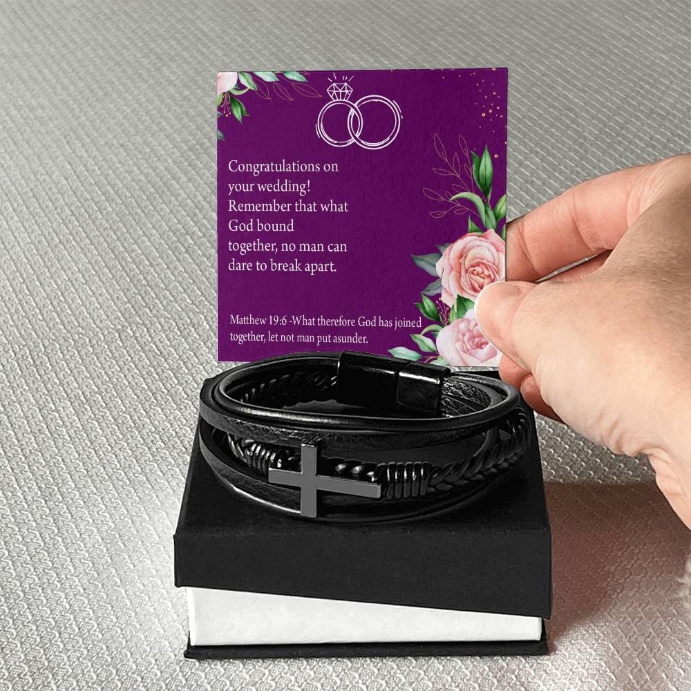 Wedding Message Faith Matthew 9:16 Men's Stainless Steel & Vegan Leather Cross Bracelet - Vegan Leather with Stainless Steel-Express Your Love Gifts
