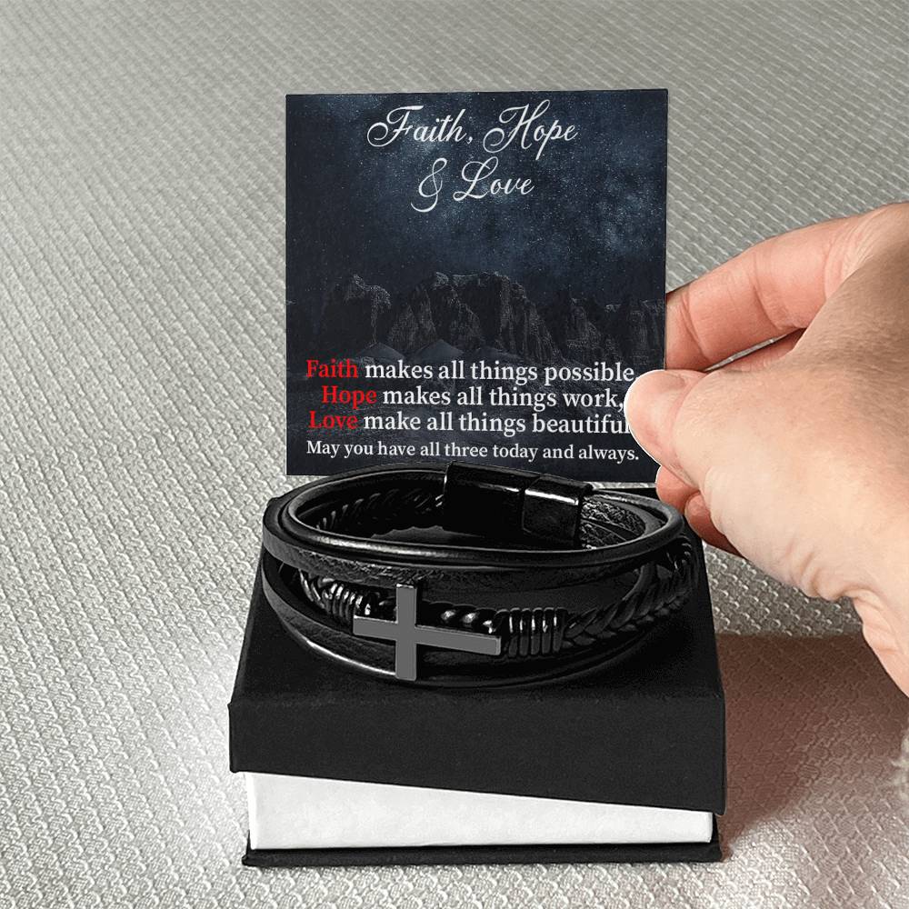Faith Hope & Love Men's Stainless Steel & Vegan Leather Cross Bracelet - Vegan Leather with Stainless Steel-Express Your Love Gifts
