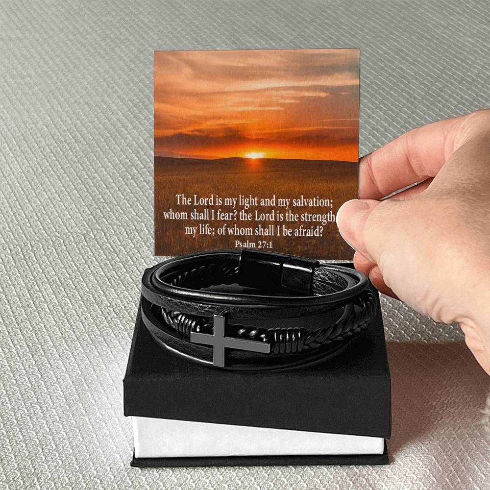 Lord is My Salvation Psalm 27:1 Men's Stainless Steel & Vegan Leather Cross Bracelet - Vegan Leather with Stainless Steel-Express Your Love Gifts