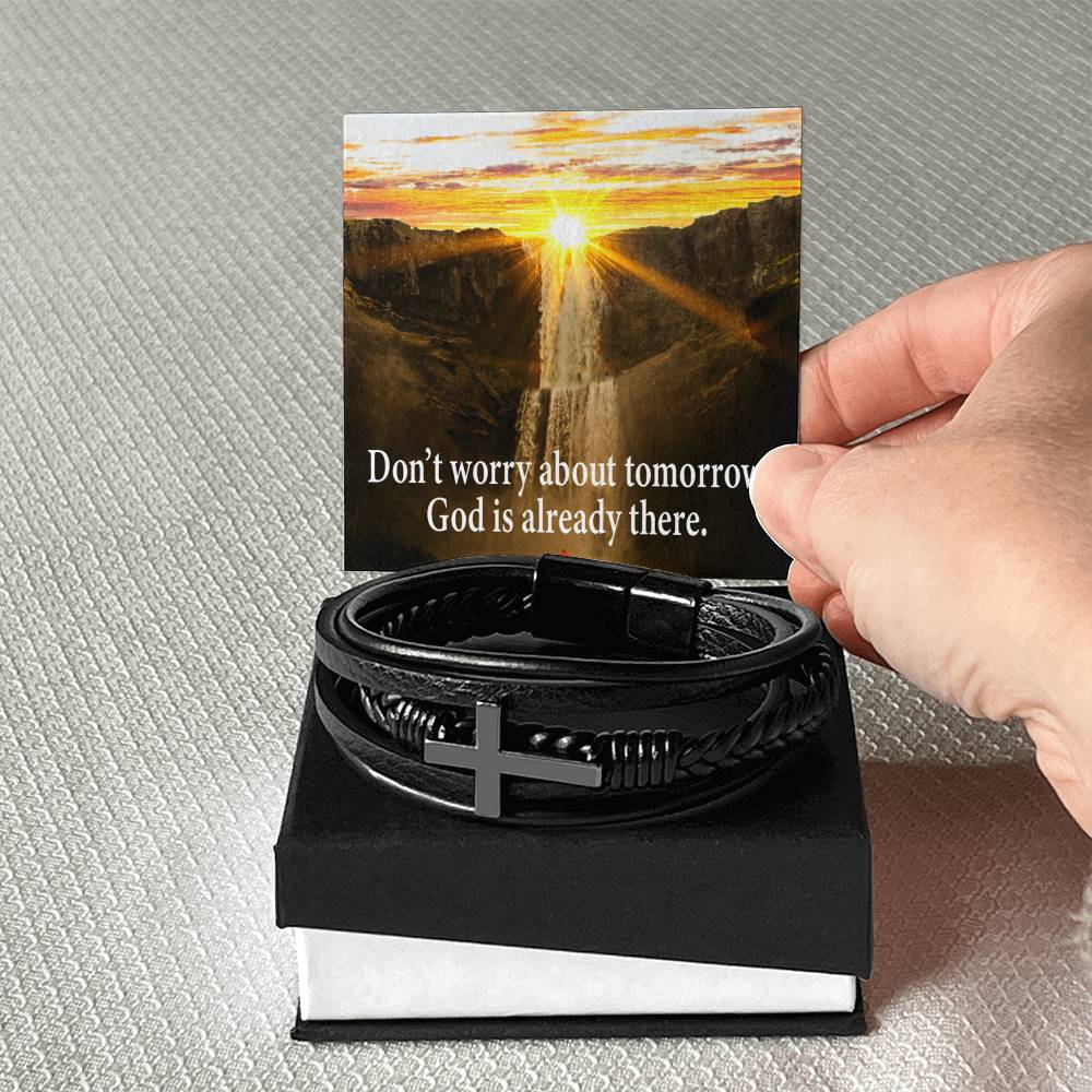Don’t Worry Men's Stainless Steel & Vegan Leather Cross Bracelet - Vegan Leather with Stainless Steel-Express Your Love Gifts