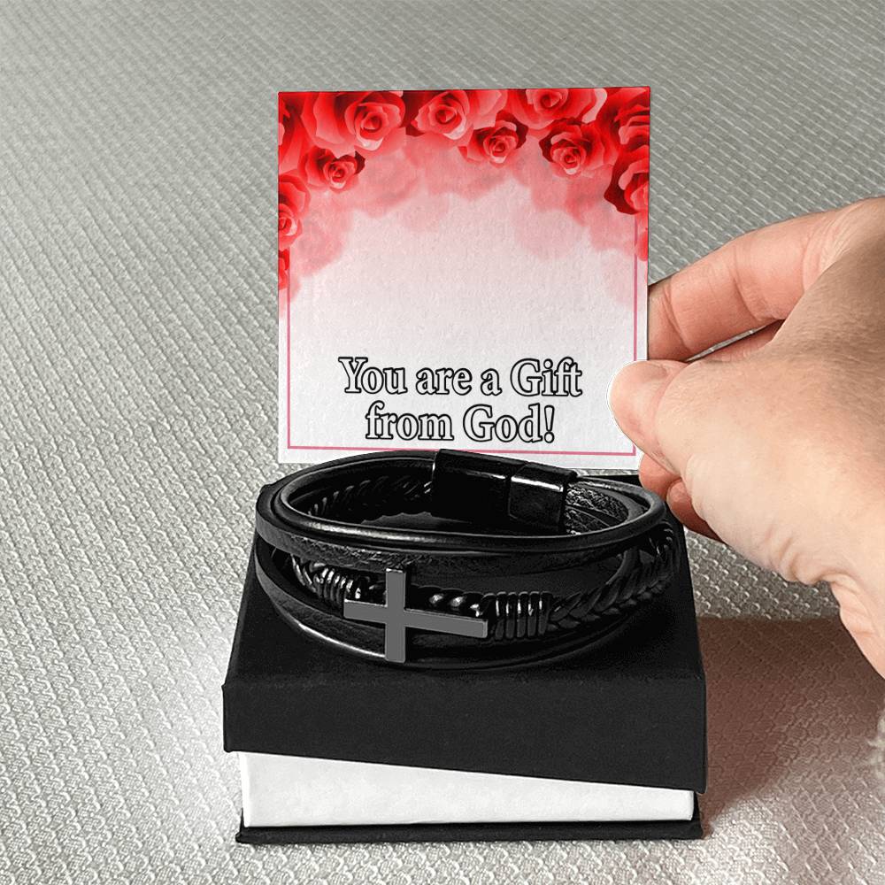 You Are a Gift From God Men's Stainless Steel & Vegan Leather Cross Bracelet - Vegan Leather with Stainless Steel-Express Your Love Gifts